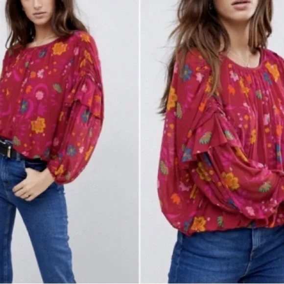 Free People Wildflower Honey Blouson Peasant Top Berry Floral Size Small - Picture 2 of 9